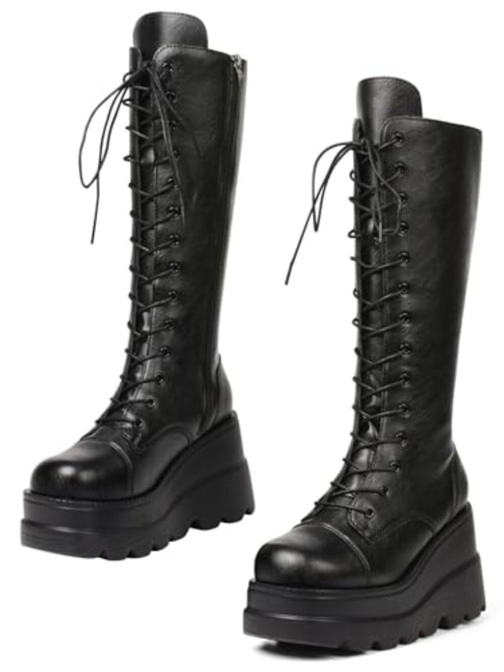 🆕 Womens High Platform Mid Calf Wedges Chunky High Heel Round-Toe Side Zip
